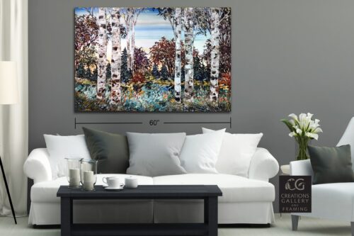 Birch Grey Forest – original acrylic on canvas by Maya Eventov, 40″ × 60″ — shown in a room setting