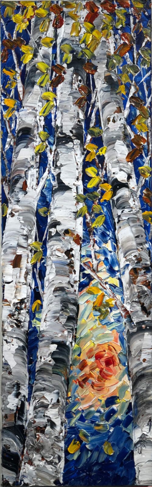 Birch Looking Up Forests Glow – original acrylic on canvas by Maya Eventov, 40″ × 12″