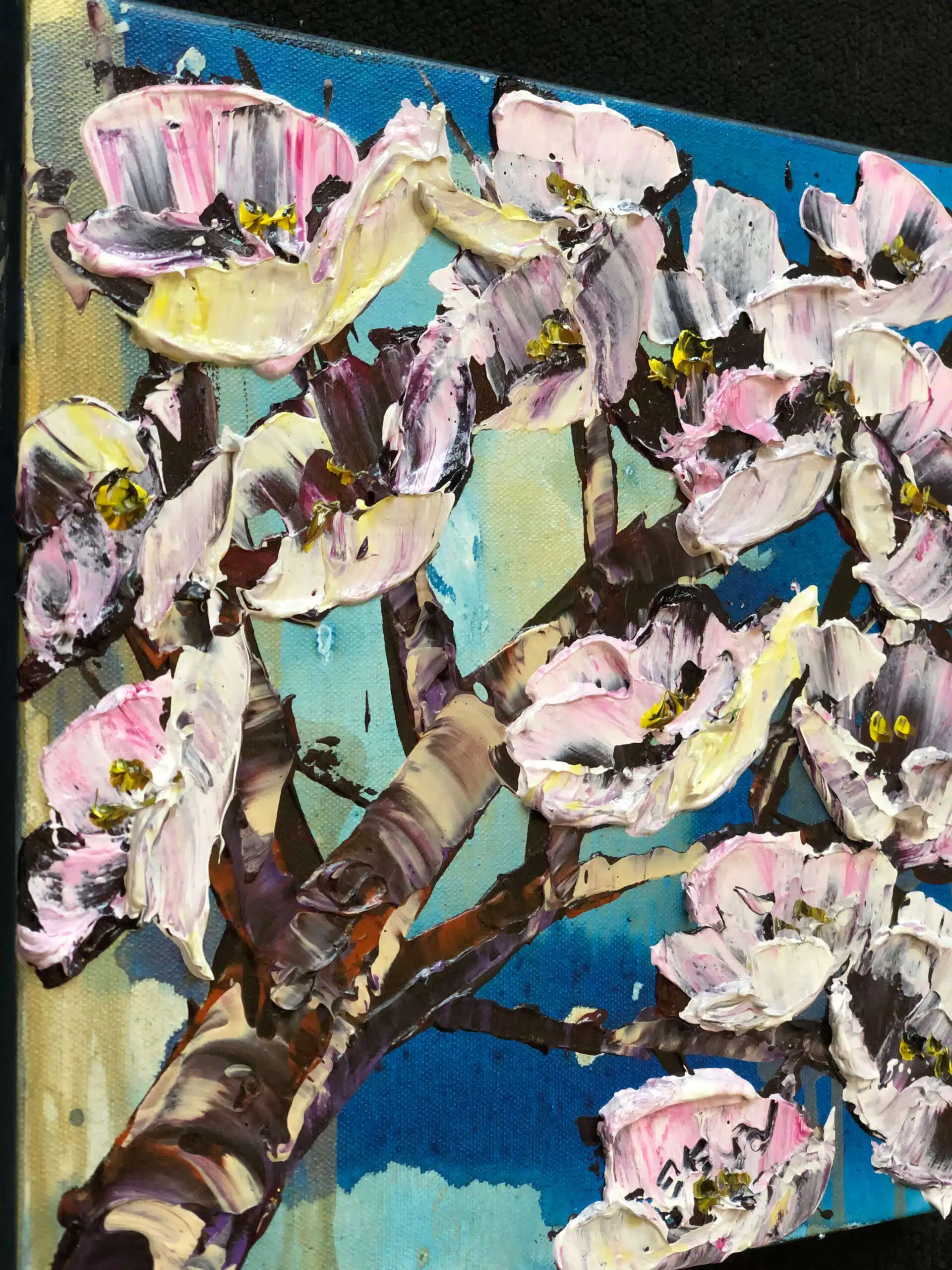 Floral Magnolia 3 – original acrylic on canvas by Maya Eventov, 12″ × 12″