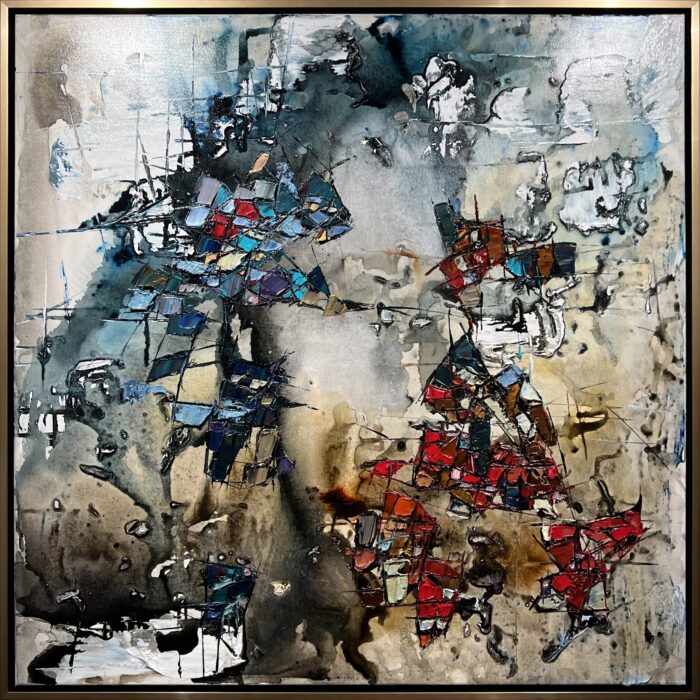 Abstract 5 – original acrylic on canvas by Maya Eventov, 48″ × 48″ — framed view