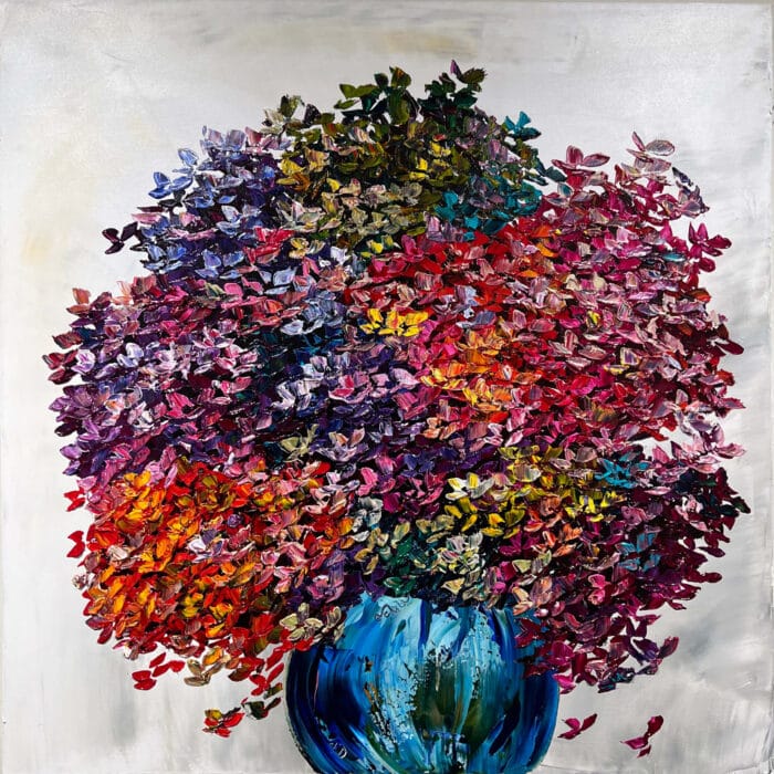 Floral Hydrangea with Vase 3 – original acrylic on canvas by Maya Eventov, 40″ × 40″