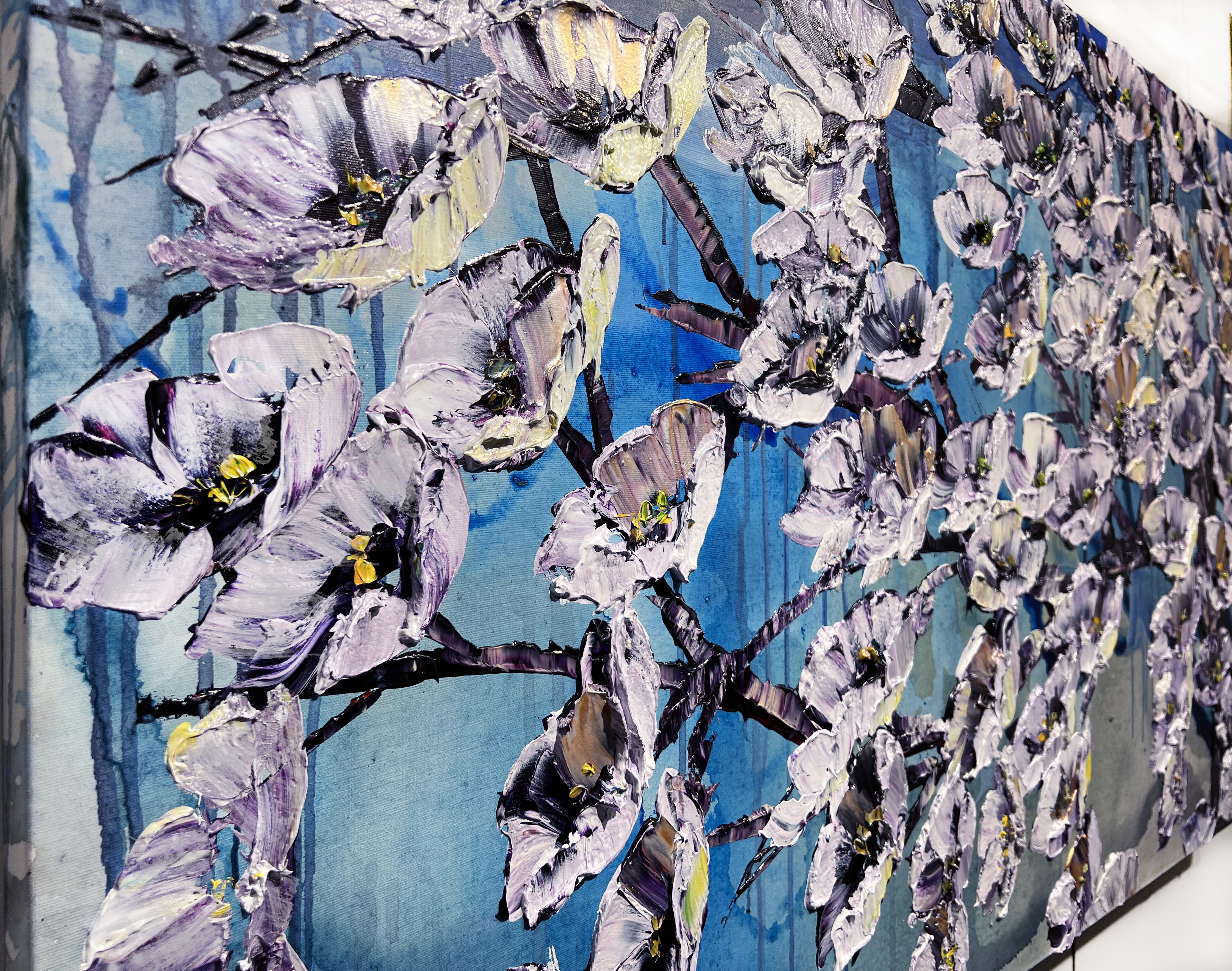 Floral Magnolia in Bloom – original acrylic on canvas by Maya Eventov, 30″ × 48″