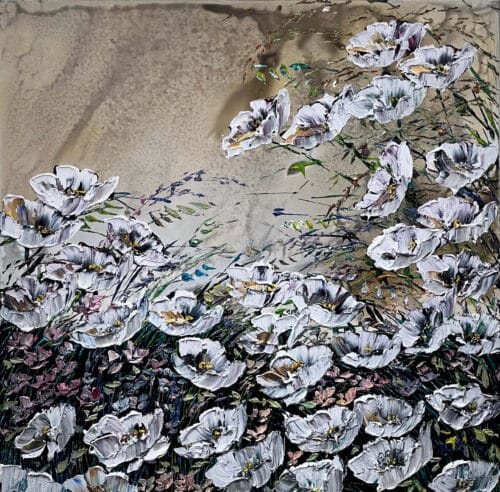 Floral White Poppies – original acrylic on canvas by Maya Eventov, 40″ × 40″