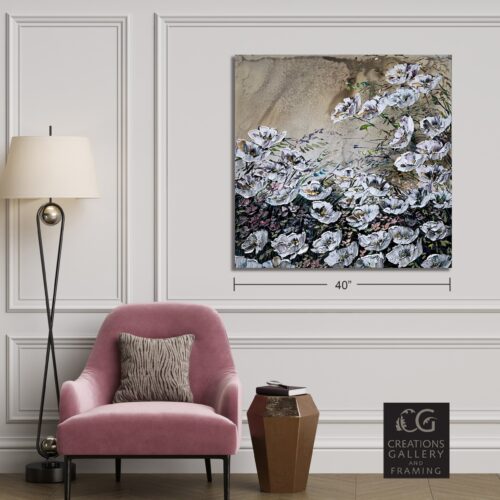 Floral White Poppies – original acrylic on canvas by Maya Eventov, 40″ × 40″