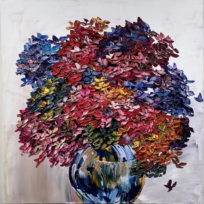 Floral Hydrangea with Vase 1 – original acrylic on canvas by Maya Eventov, 36″ × 36″