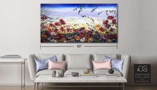 Floral Fields A Bloom – original acrylic on canvas by Maya Eventov, 30″ × 60″ — shown in a room setting