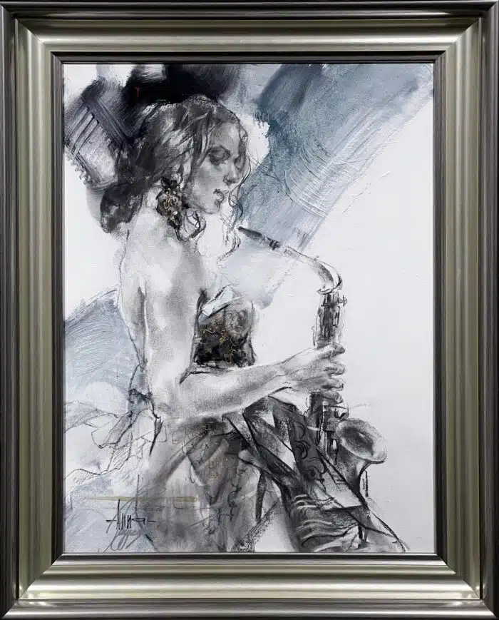 Little Theme Song 2 24×18 ORIGINAL – original oil on canvas by Anna Razumovskaya, 24″ × 18″ — framed view