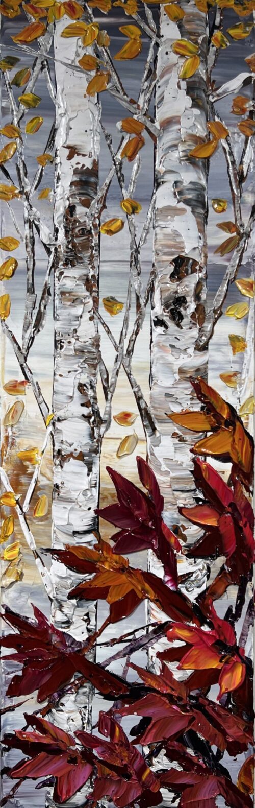Birch In Gray Schade – original acrylic on canvas by Maya Eventov, 40″ × 12″