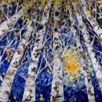 Maya Eventov "Birch Looking Up Forests Glow 2" 36×48, original on canvas, acrylic palette-knife impasto, birch forest