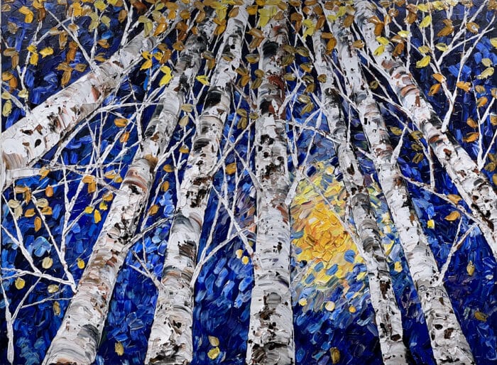 Maya Eventov "Birch Looking Up Forests Glow 2" 36×48, original on canvas, acrylic palette-knife impasto, birch forest