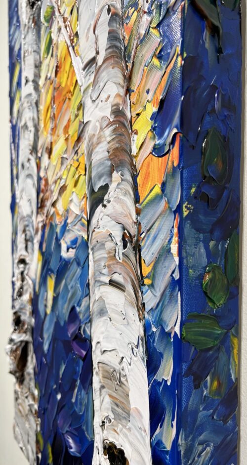 Birch Looking Up Forests Glow 2 – original acrylic on canvas by Maya Eventov, 40″ × 12″