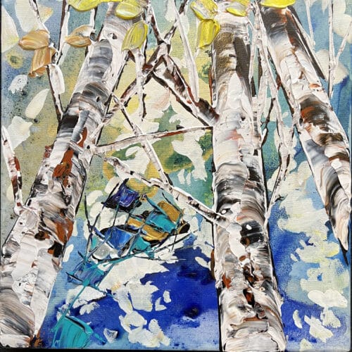 Maya Eventov "Spectrum Birch Looking Up 5" 12x12 original on canvas, acrylic palette-knife, birch forest