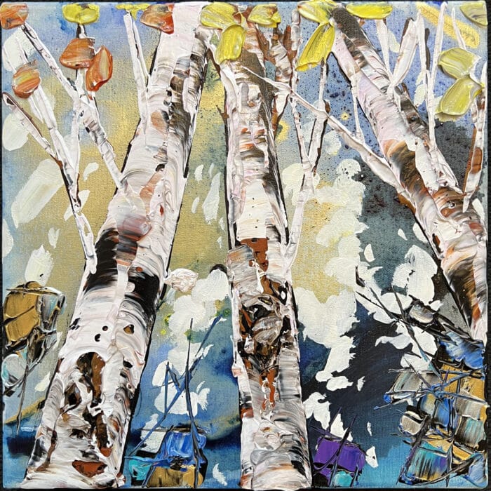 Maya Eventov "Spectrum Birch Looking Up 6" 12x12 original on canvas, acrylic palette-knife, birch forest