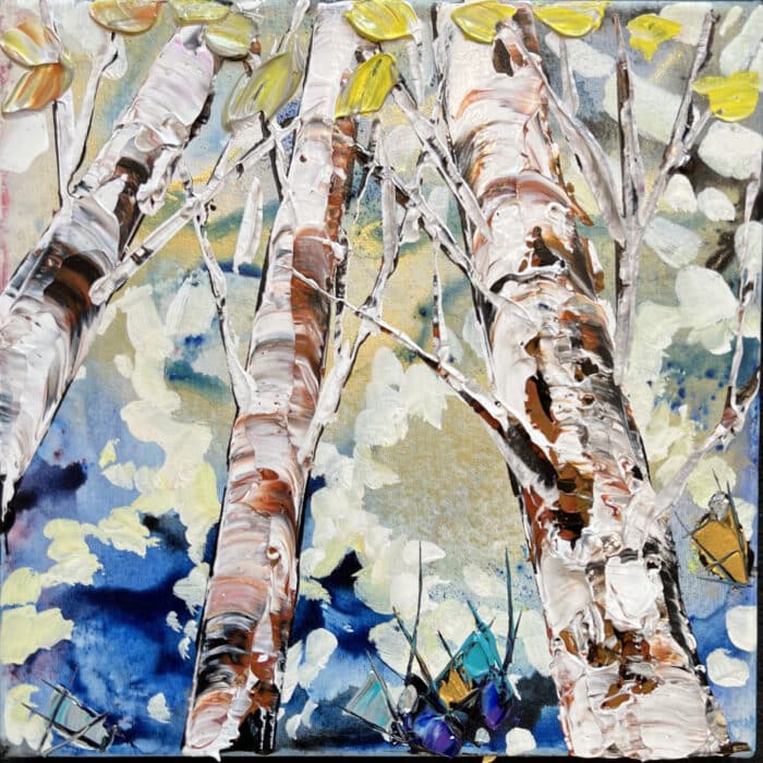 Maya Eventov "Spectrum Birch Looking Up 7" 12x12 original on canvas, acrylic palette-knife, birch forest