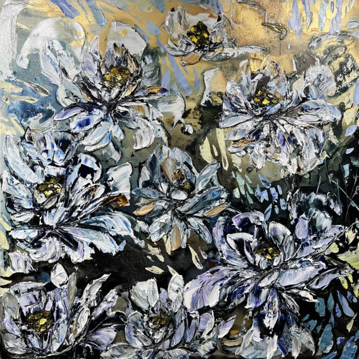 Maya Eventov "Floral White Spectrum" 36x36, original on canvas, acrylic palette-knife impasto, floral abstract