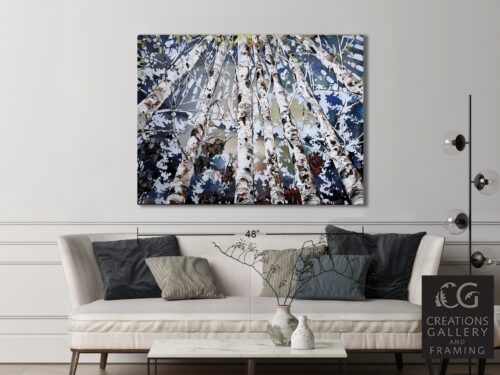 Birch Spectrum Looking Up – original acrylic on canvas by Maya Eventov, 36″ × 48″ — shown in a room setting