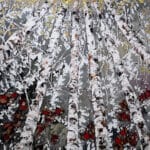 Maya Eventov Birch Spectrum Looking Up 48x48, original on canvas, acrylic palette-knife impasto, birch forest looking up