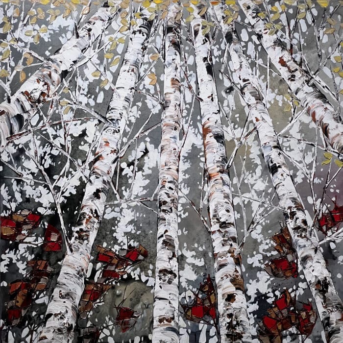Maya Eventov Birch Spectrum Looking Up 48x48, original on canvas, acrylic palette-knife impasto, birch forest looking up