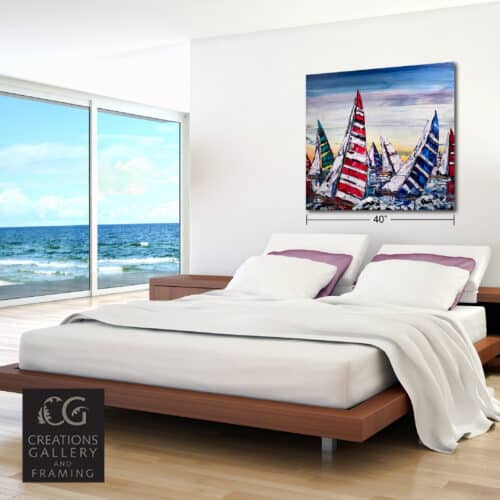 Sailing Boats Regatta 2 – original acrylic on canvas by Maya Eventov, 40″ × 40″ — shown in a room setting