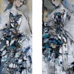 Maya Eventov Abstract Ballerina Dancer Pair 40x12, original on canvas, , acrylic palette-knife impasto, floral