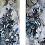 Maya Eventov Abstract Ballerina Dancer Pair 40x12, original on canvas, , acrylic palette-knife impasto, floral