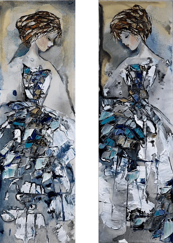 Maya Eventov Abstract Ballerina Dancer Pair 40x12, original on canvas, , acrylic palette-knife impasto, floral