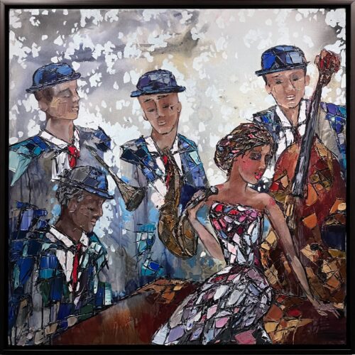 Jazz Quintet I – original acrylic on canvas by Maya Eventov, 40″ × 40″ — framed view