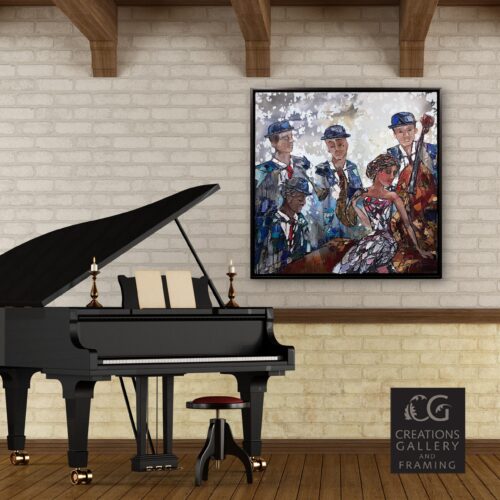 Jazz Quintet I – original acrylic on canvas by Maya Eventov, 40″ × 40″ — framed view
