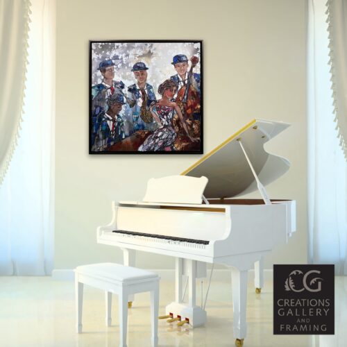 Jazz Quintet I – original acrylic on canvas by Maya Eventov, 40″ × 40″ — framed view