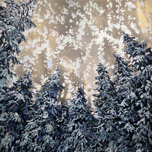 Looking Spectrum Spruce Forest – original acrylic on canvas by Maya Eventov, 48″ × 48″