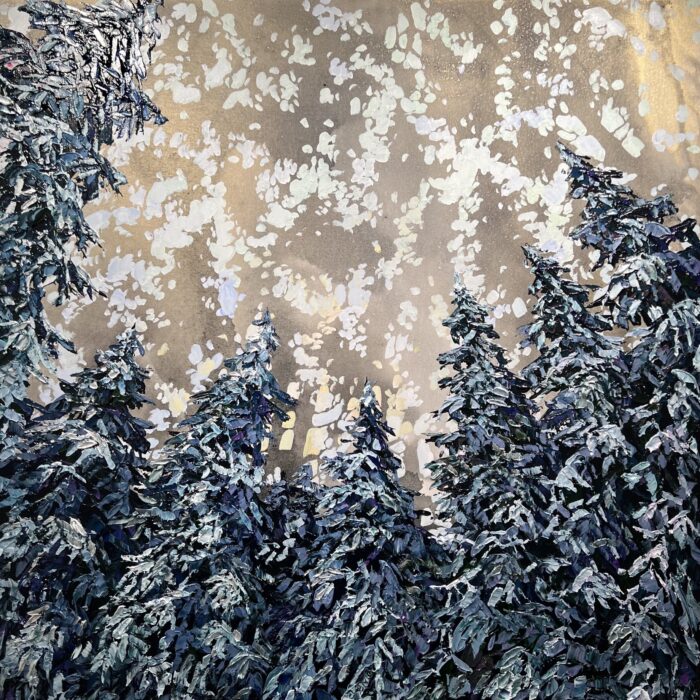 Looking Spectrum Spruce Forest – original acrylic on canvas by Maya Eventov, 48″ × 48″