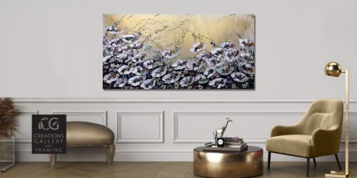 Floral White Poppies – original acrylic on canvas by Maya Eventov, 30″ × 60″ — shown in a room setting
