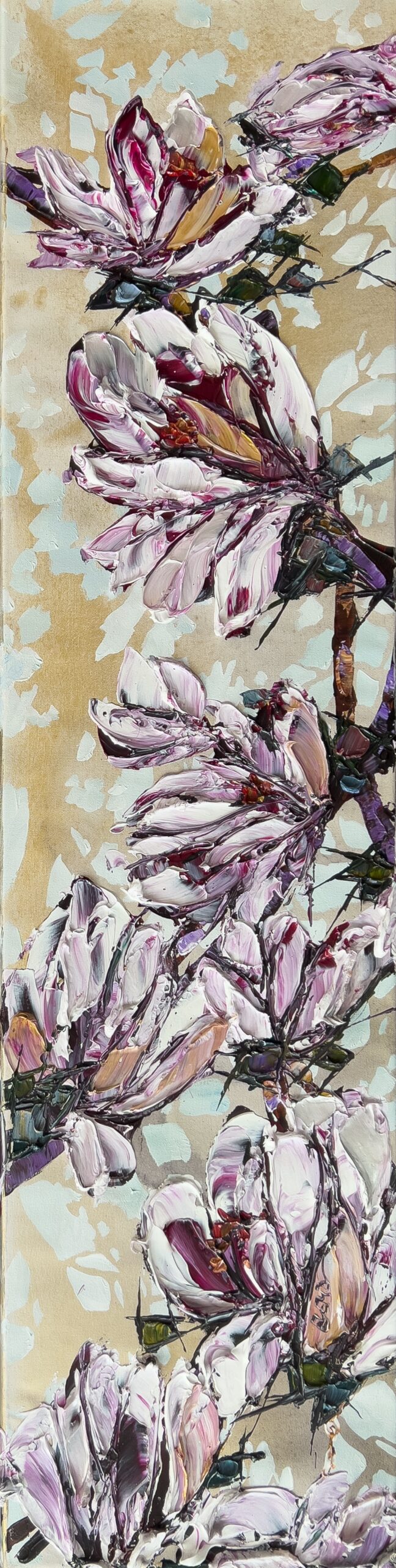 Floral Magnolia Spectrum 1 – original acrylic on canvas by Maya Eventov, 48″ × 12″