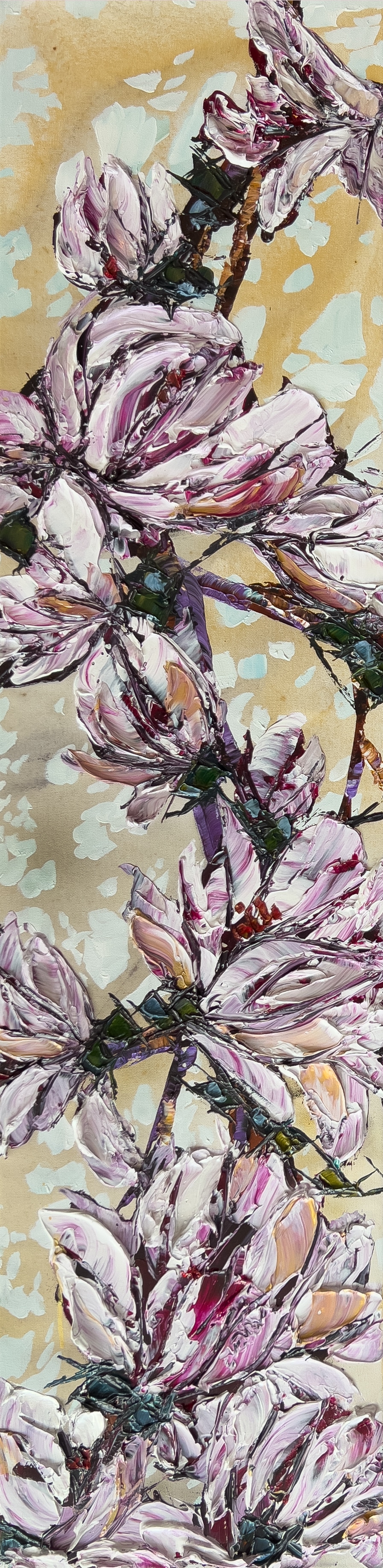 Floral Magnolia Spectrum 2 – original acrylic on canvas by Maya Eventov, 48″ × 12″