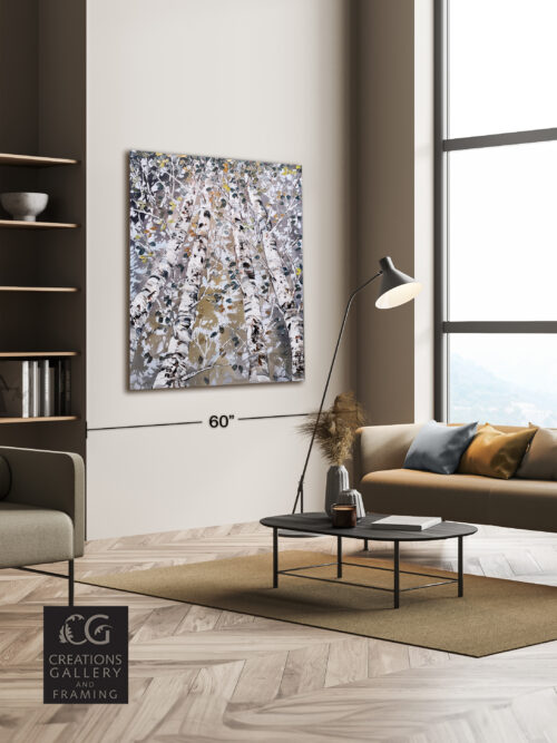 Maya Eventov Birch Spectrum Looking Up 1 48x36 acrylic on canvas, palette-knife impasto, birch forest