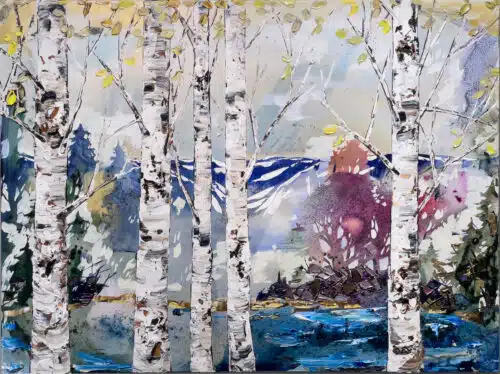 Maya Eventov Spectrum Birch Mountains 36x48 acrylic on canvas, palette-knife impasto