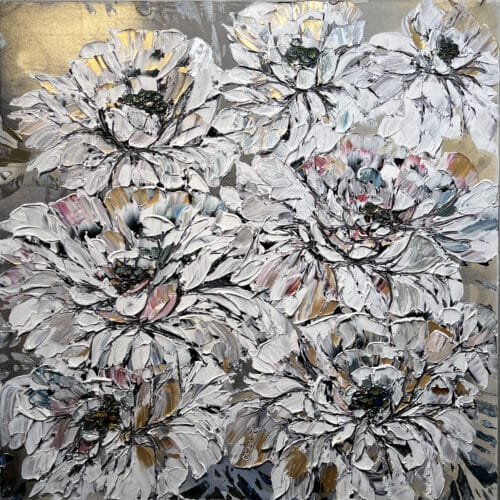 Maya Eventov Floral White and Gold 1 40x40 acrylic on canvas, palette-knife impasto