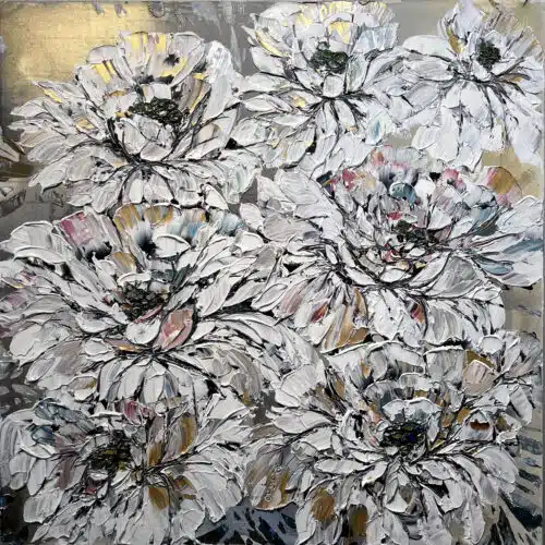 Maya Eventov Floral White and Gold 1 40x40 acrylic on canvas, palette-knife impasto
