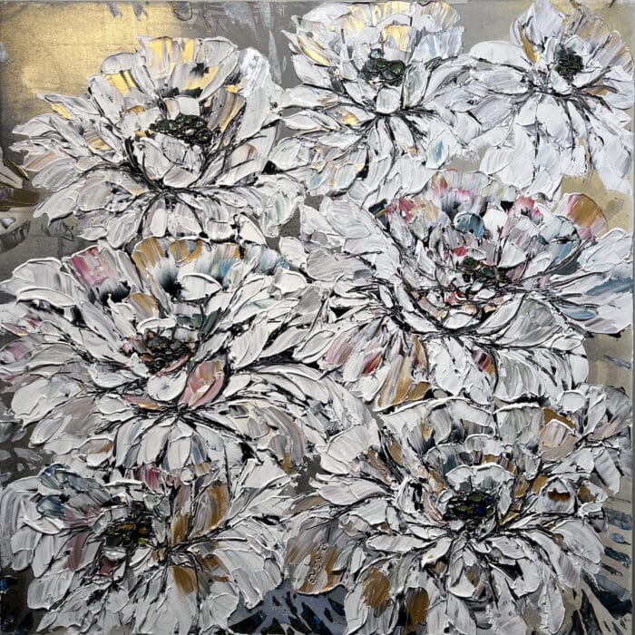 Maya Eventov Floral White and Gold 1 40x40 acrylic on canvas, palette-knife impasto