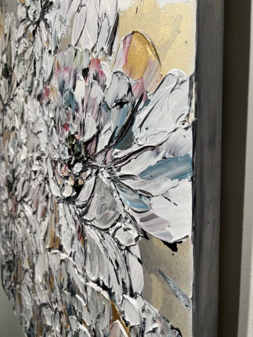 Floral White and Gold 1 – original acrylic on canvas by Maya Eventov, 40″ × 40″