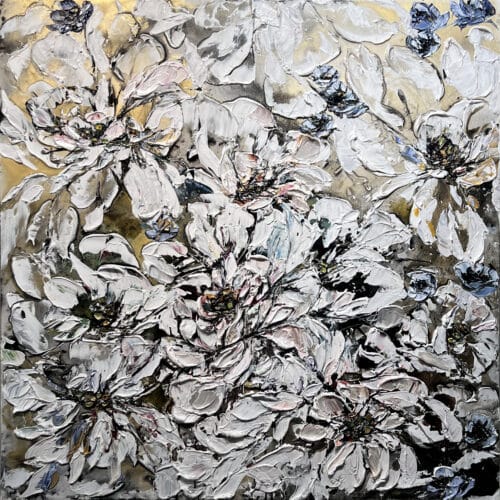 Maya Eventov Floral White and Gold 2 40x40 acrylic on canvas, palette-knife impasto