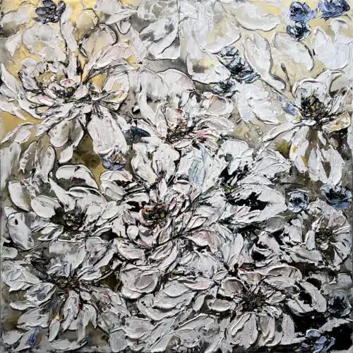 Maya Eventov Floral White and Gold 2 40x40 acrylic on canvas, palette-knife impasto