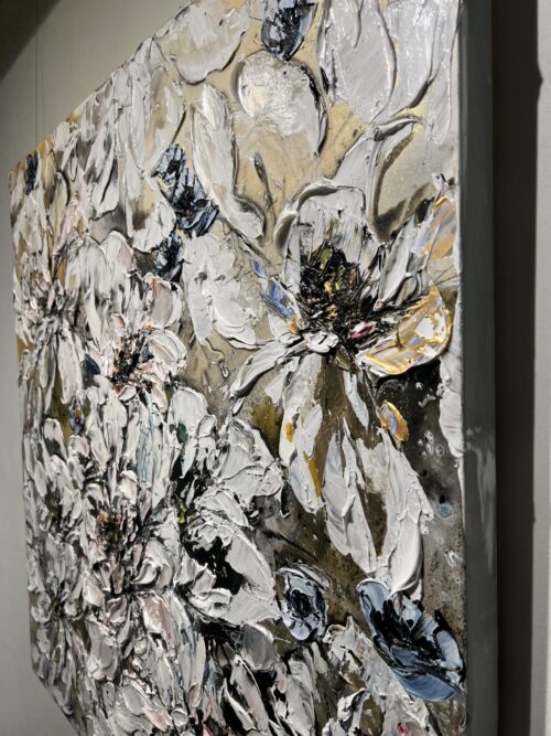 Floral White and Gold 2 – original acrylic on canvas by Maya Eventov, 40″ × 40″