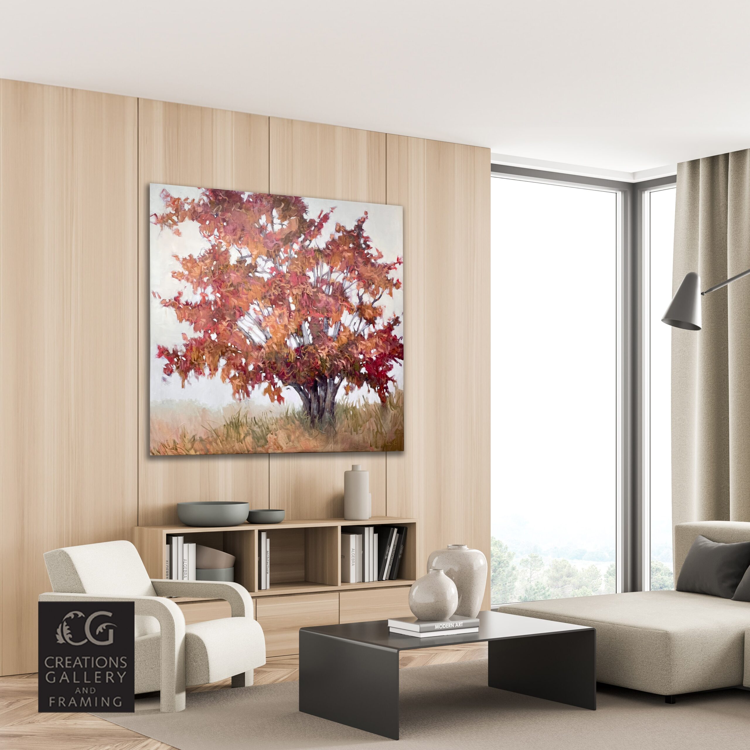 Changing Seasons V – original oil on canvas by Ann Willsie, 48″ × 48″ — shown in a room setting