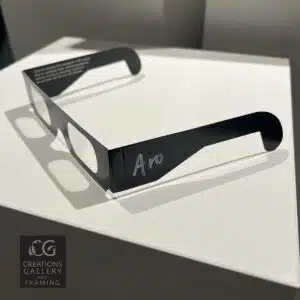 Pair of ARO branded ChromaDepth 3D glasses used for viewing 3D abstract impasto art