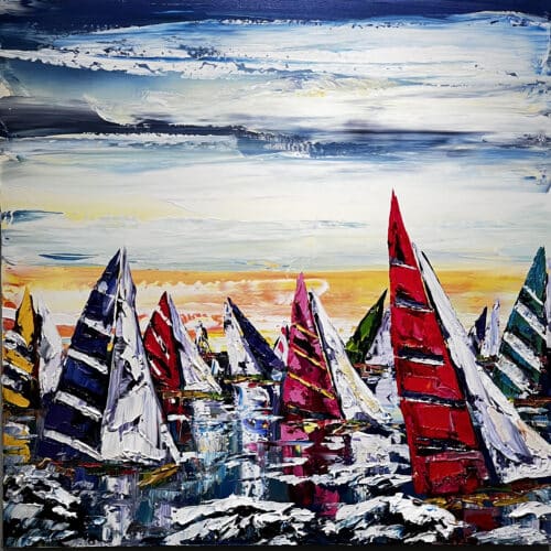 Maya Eventov Sailing Boats Regatta 36x36 acrylic on canvas, palette-knife impasto