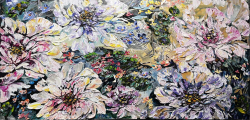Maya Eventov Petal Chorus (30x60), acrylic on canvas, palette-knife impasto, abstract floral