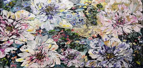 Maya Eventov Petal Chorus (30x60), acrylic on canvas, palette-knife impasto, abstract floral