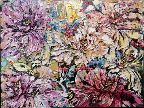 Maya Eventov Petal Chorus (36x48), acrylic on canvas, palette-knife impasto, abstract floral