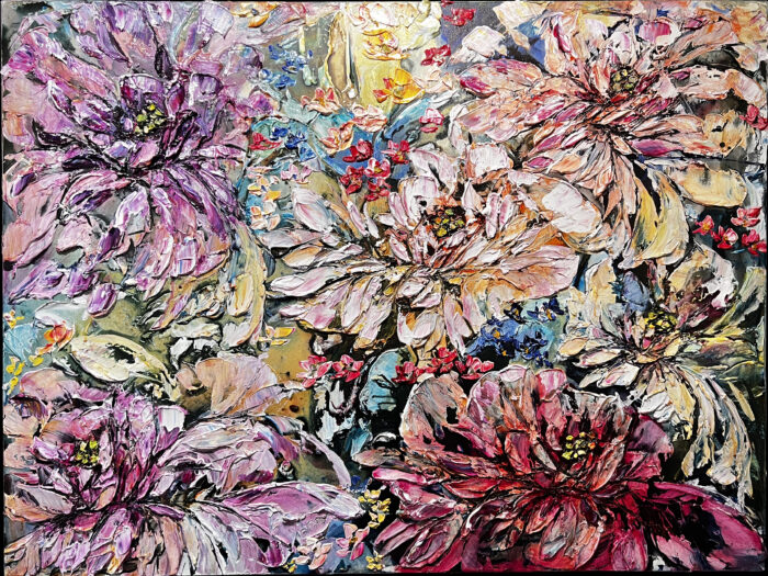 Maya Eventov Petal Chorus (36x48), acrylic on canvas, palette-knife impasto, abstract floral